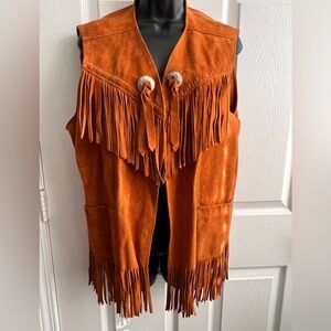 Western Fringed Leather Vest in Rust Orange